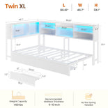 DICTAC | Corner Bed Frame with Storage Drawers, Bookcase Headboard, LED Lights & Charging Station for Kids and Teens - White