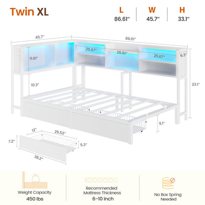 DICTAC | Corner Bed Frame with Storage Drawers, Bookcase Headboard, LED Lights & Charging Station for Kids and Teens, White