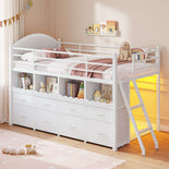 DICTAC | Twin Low Loft Bed with 8 Storage Drawers, 4 Bookshelves, LED Lights & Play Space for Kids