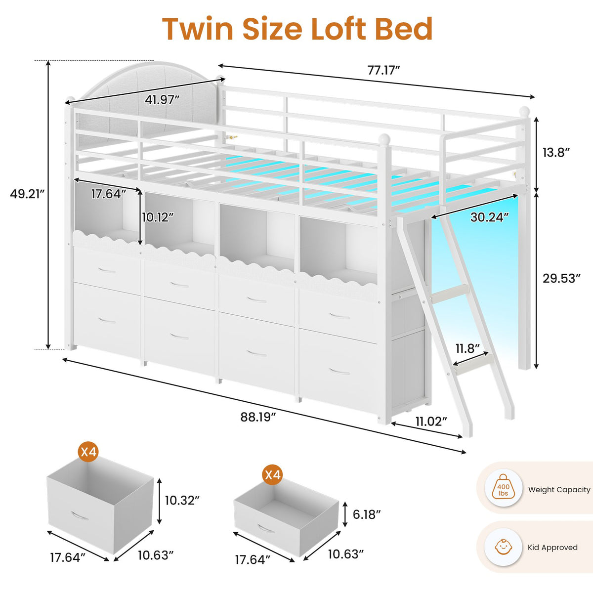 DICTAC | Twin Low Loft Bed with 8 Storage Drawers, 4 Bookshelves, LED Lights & Play Space for Kids