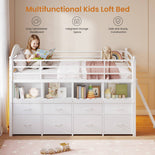 DICTAC | Twin Low Loft Bed with 8 Storage Drawers, 4 Bookshelves, LED Lights & Play Space for Kids