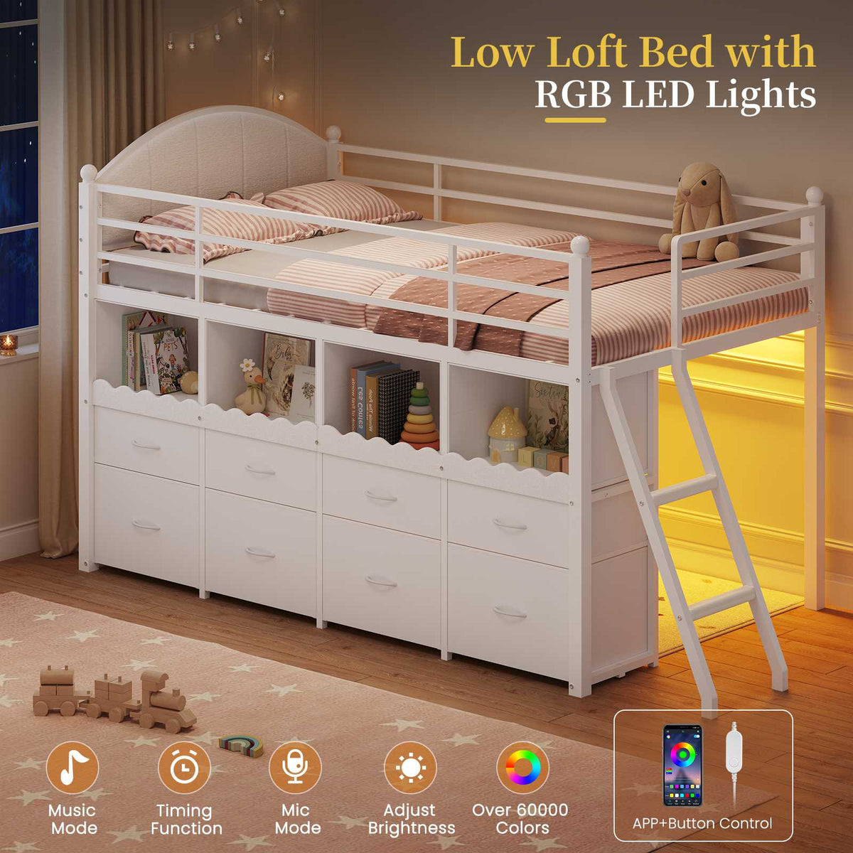 DICTAC | Twin Low Loft Bed with 8 Storage Drawers, 4 Bookshelves, LED Lights & Play Space for Kids