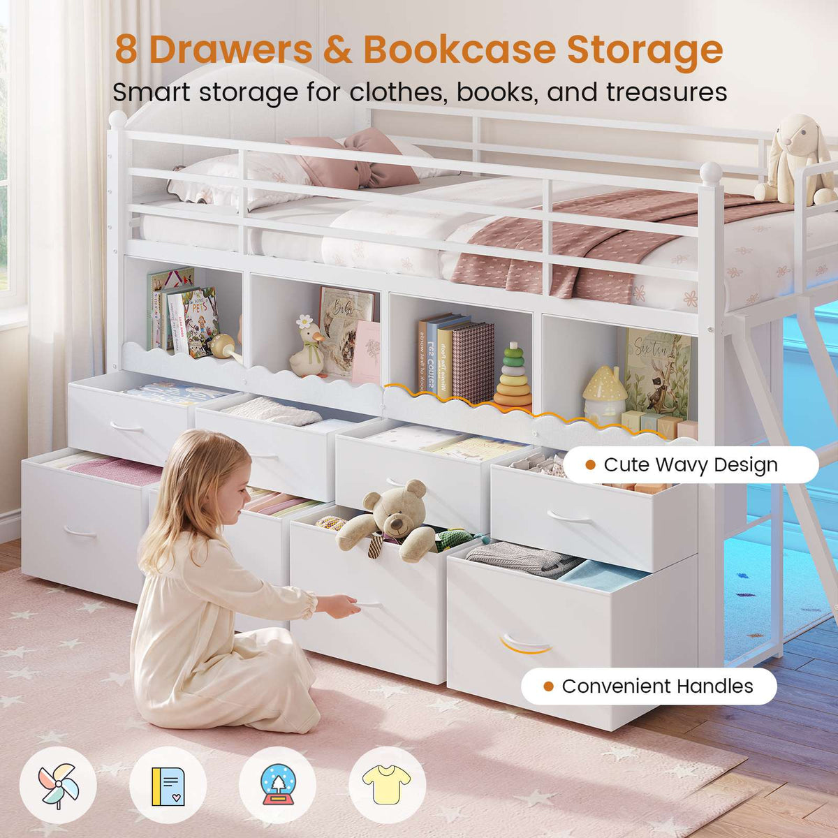 DICTAC | Twin Low Loft Bed with 8 Storage Drawers, 4 Bookshelves, LED Lights & Play Space for Kids