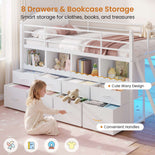 DICTAC | Twin Low Loft Bed with 8 Storage Drawers, 4 Bookshelves, LED Lights & Play Space for Kids
