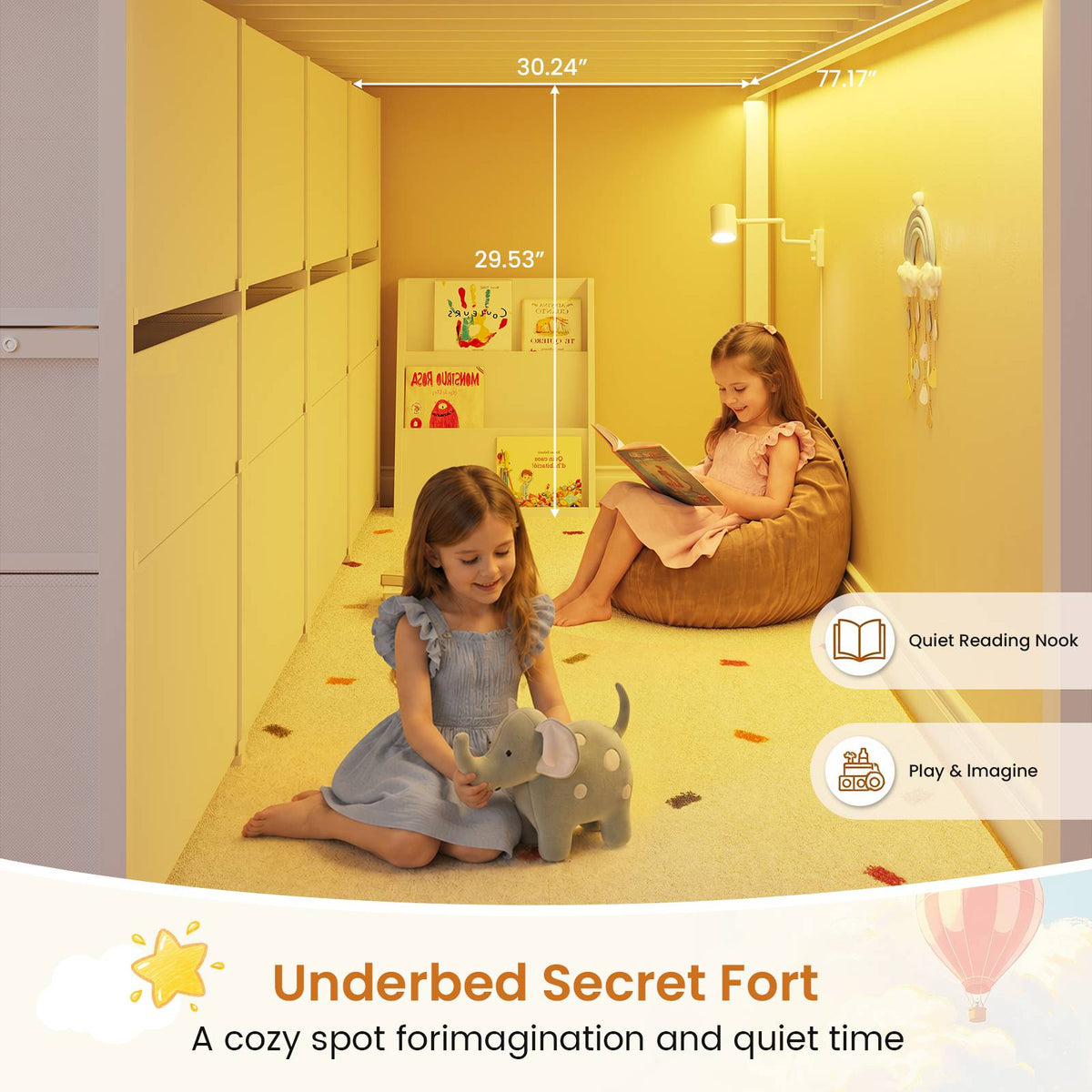 DICTAC | Twin Low Loft Bed with 8 Storage Drawers, 4 Bookshelves, LED Lights & Play Space for Kids