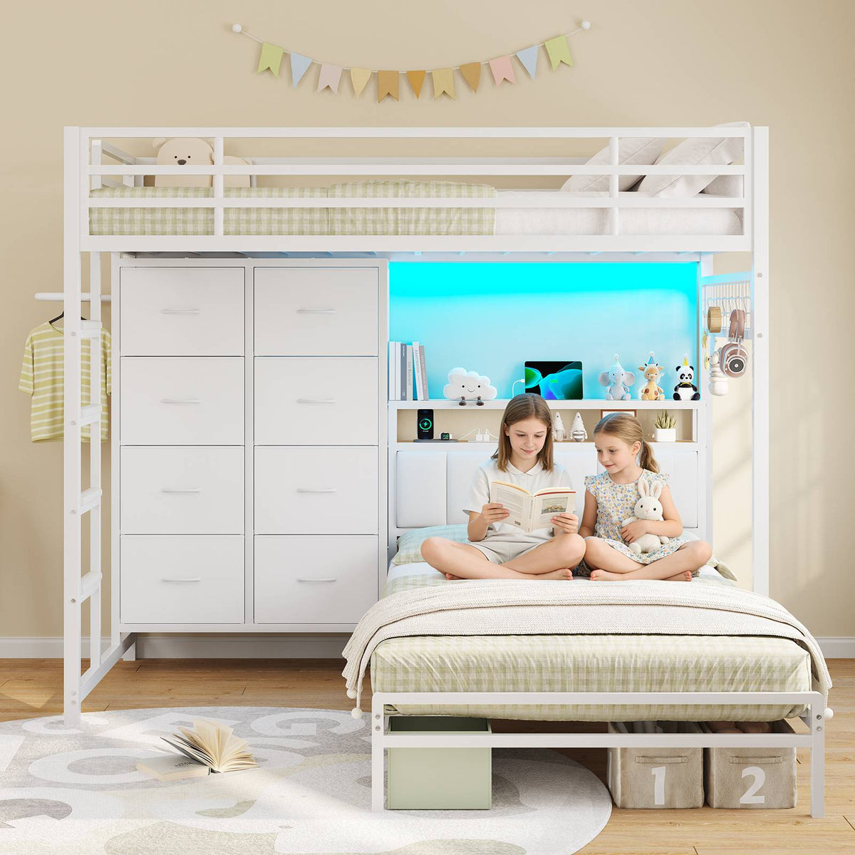 DICTAC L-Shaped Bunk Bed with 8 Storage Drawers, LED Lights, Charging Station & Storage Headboard