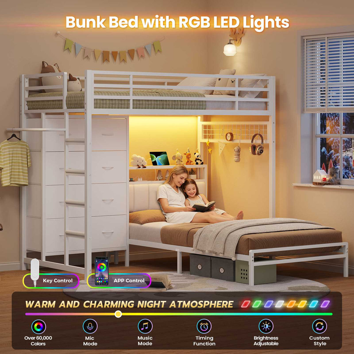 DICTAC L-Shaped Bunk Bed with 8 Storage Drawers, LED Lights, Charging Station & Storage Headboard
