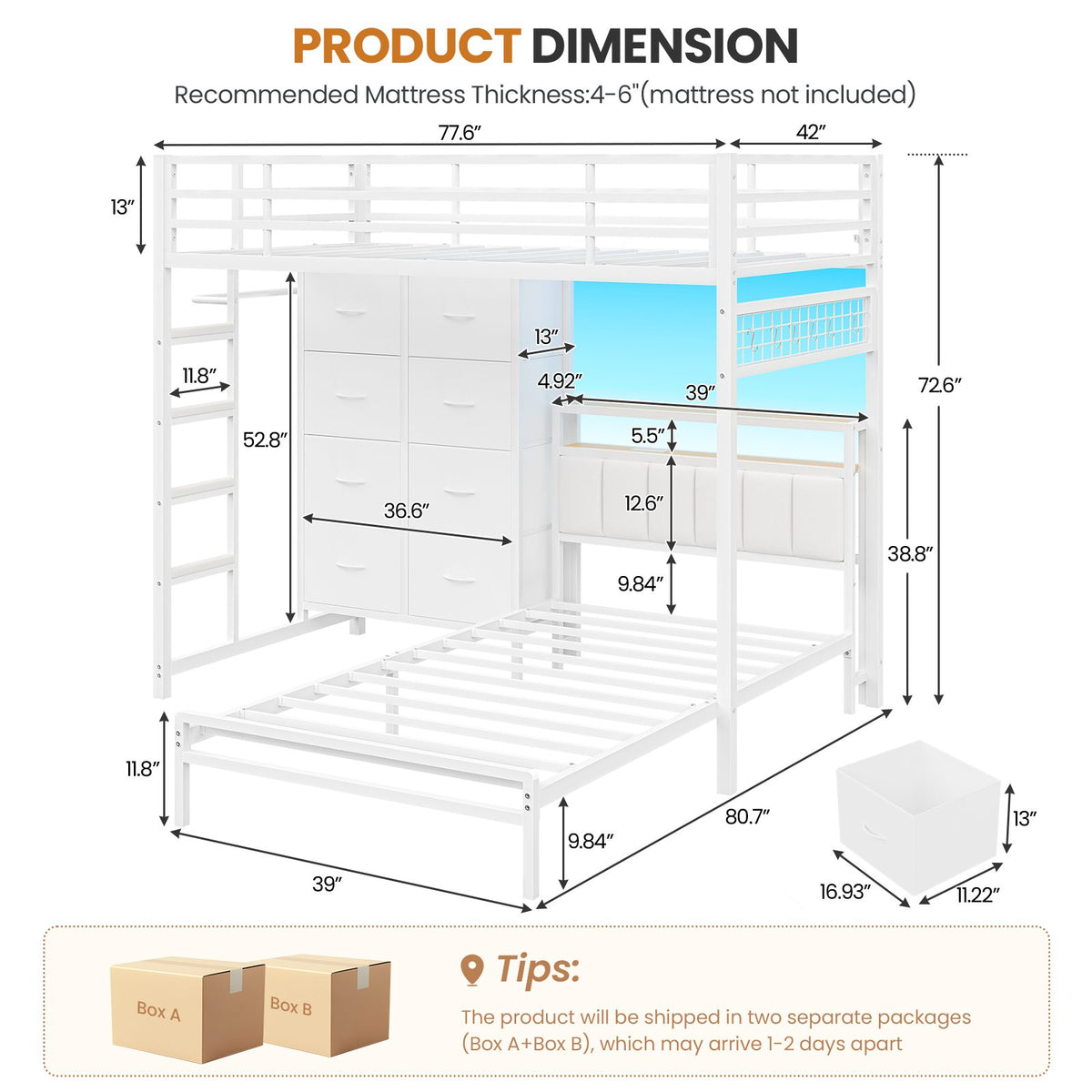 DICTAC L-Shaped Bunk Bed with 8 Storage Drawers, LED Lights, Charging Station & Storage Headboard