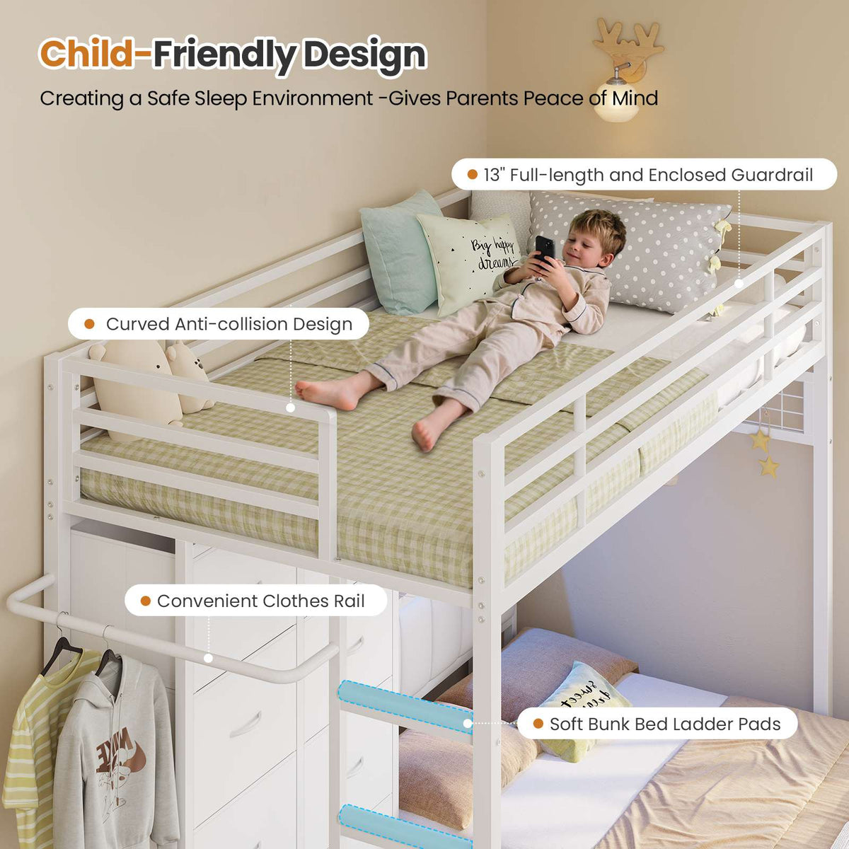 DICTAC L-Shaped Bunk Bed with 8 Storage Drawers, LED Lights, Charging Station & Storage Headboard