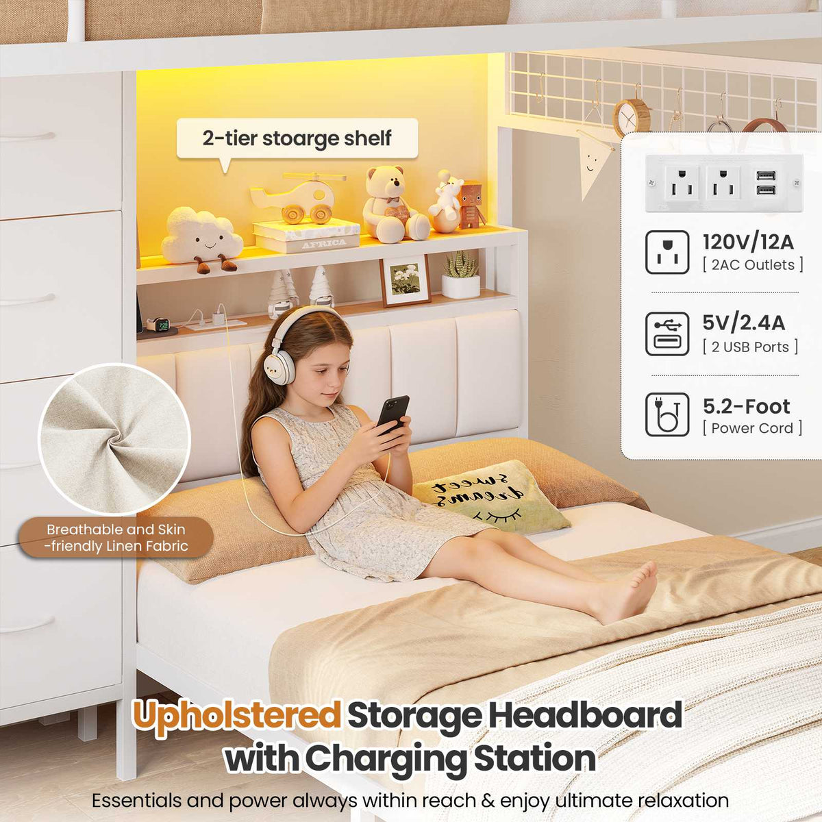 DICTAC L-Shaped Bunk Bed with 8 Storage Drawers, LED Lights, Charging Station & Storage Headboard