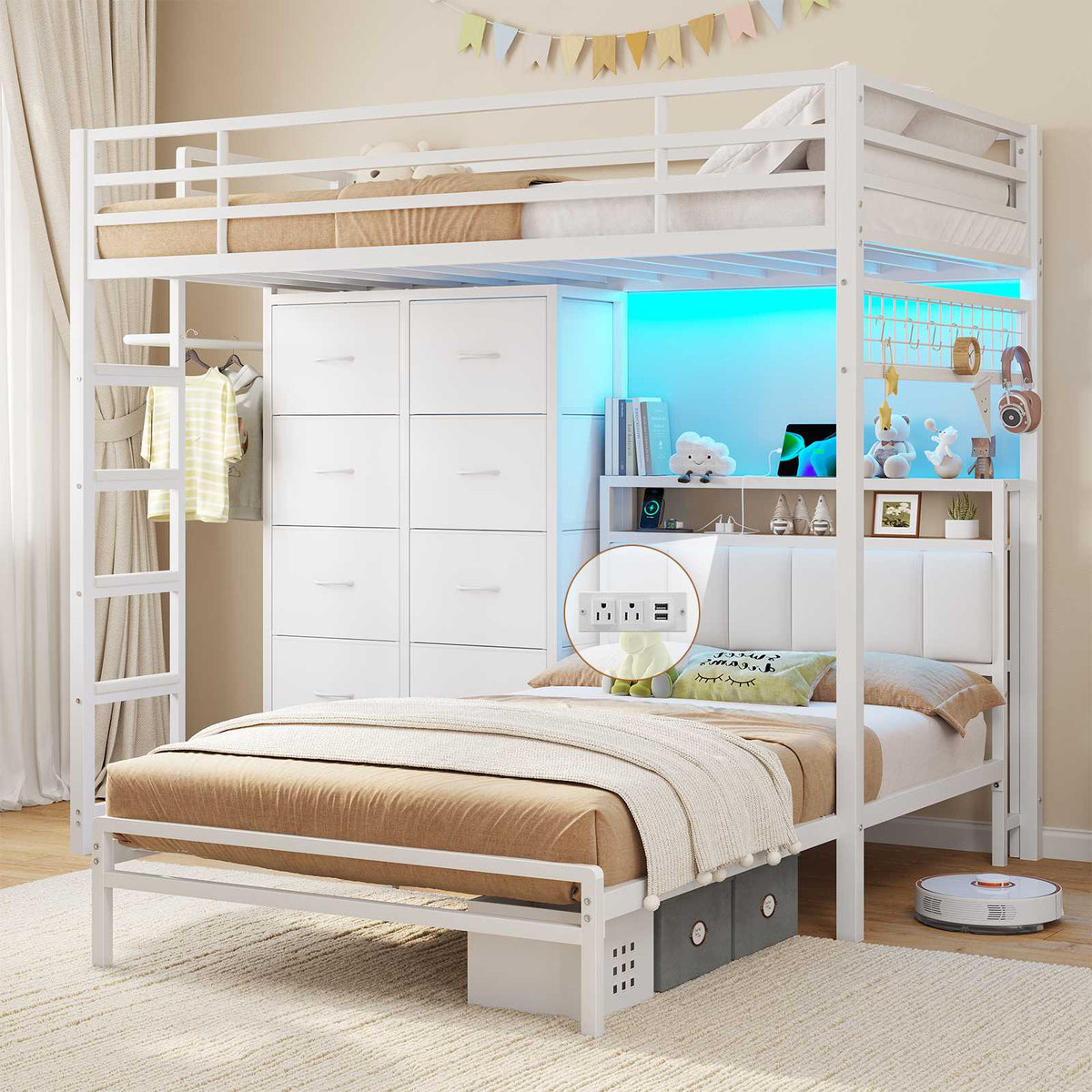 DICTAC L-Shaped Bunk Bed with 8 Storage Drawers, LED Lights, Charging Station & Storage Headboard